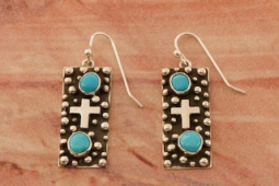 Genuine Sleeping Beauty Turquoise Sterling Silver Cross Earrings